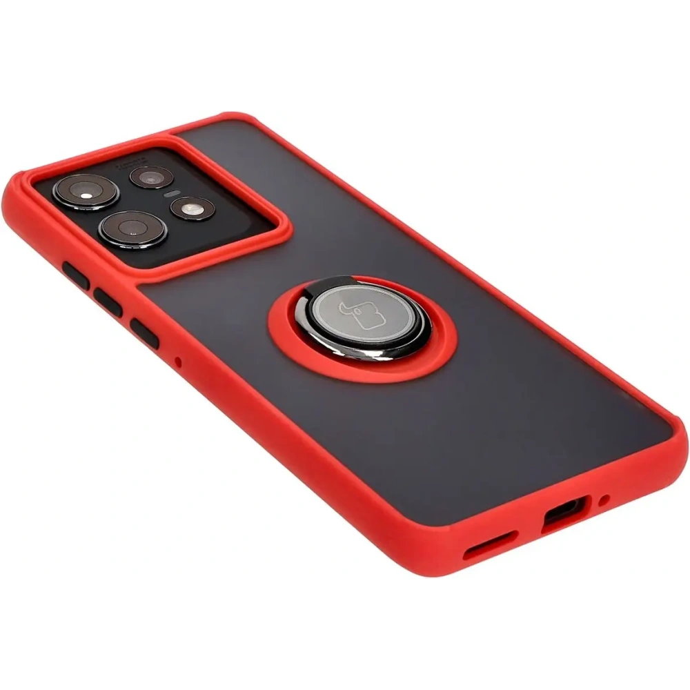 Etui z uchwytem na palec Bizon Case Hybrid Ring do Motorola Edge 50 Pro przydymione z czerwoną ramką