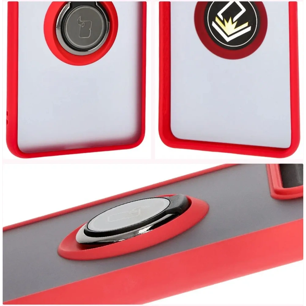 Etui z uchwytem na palec Bizon Case Hybrid Ring do Motorola Edge 50 Pro przydymione z czerwoną ramką