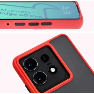 Pouzdro s úchopem na prst Bizon Case Hybrid Ring pro Motorola Edge 50 Pro kouřové s červeným rámem.