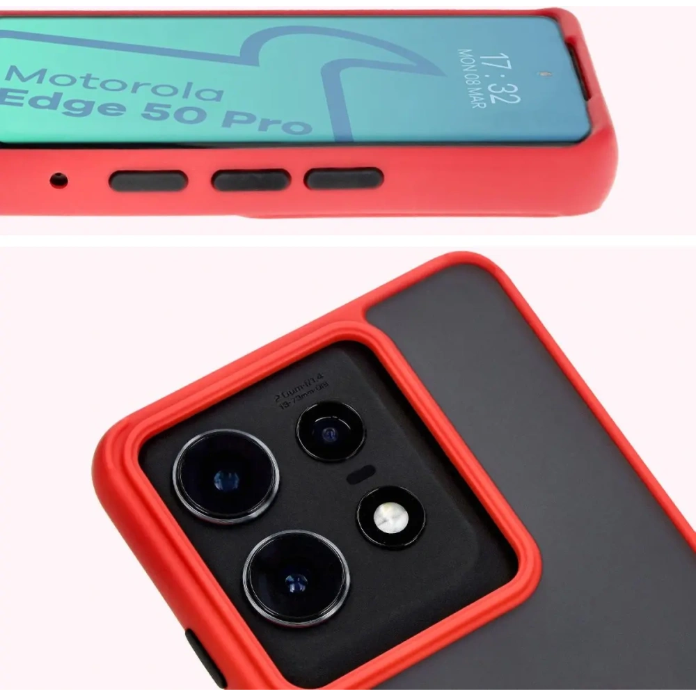 Etui z uchwytem na palec Bizon Case Hybrid Ring do Motorola Edge 50 Pro przydymione z czerwoną ramką
