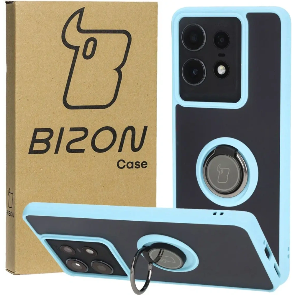Etui z uchwytem na palec Bizon Case Hybrid Ring do Motorola Edge 50 Pro przydymione z jasnoniebieską ramką