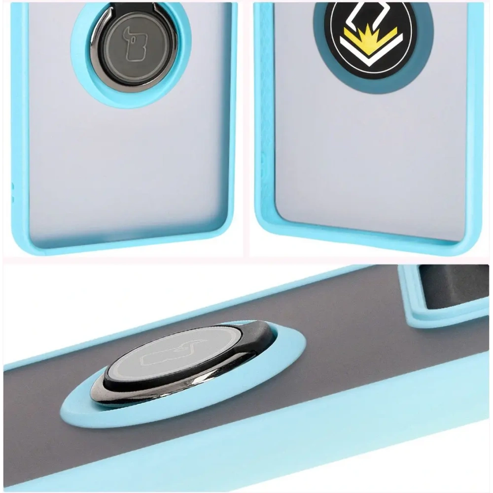 Etui z uchwytem na palec Bizon Case Hybrid Ring do Motorola Edge 50 Pro przydymione z jasnoniebieską ramką