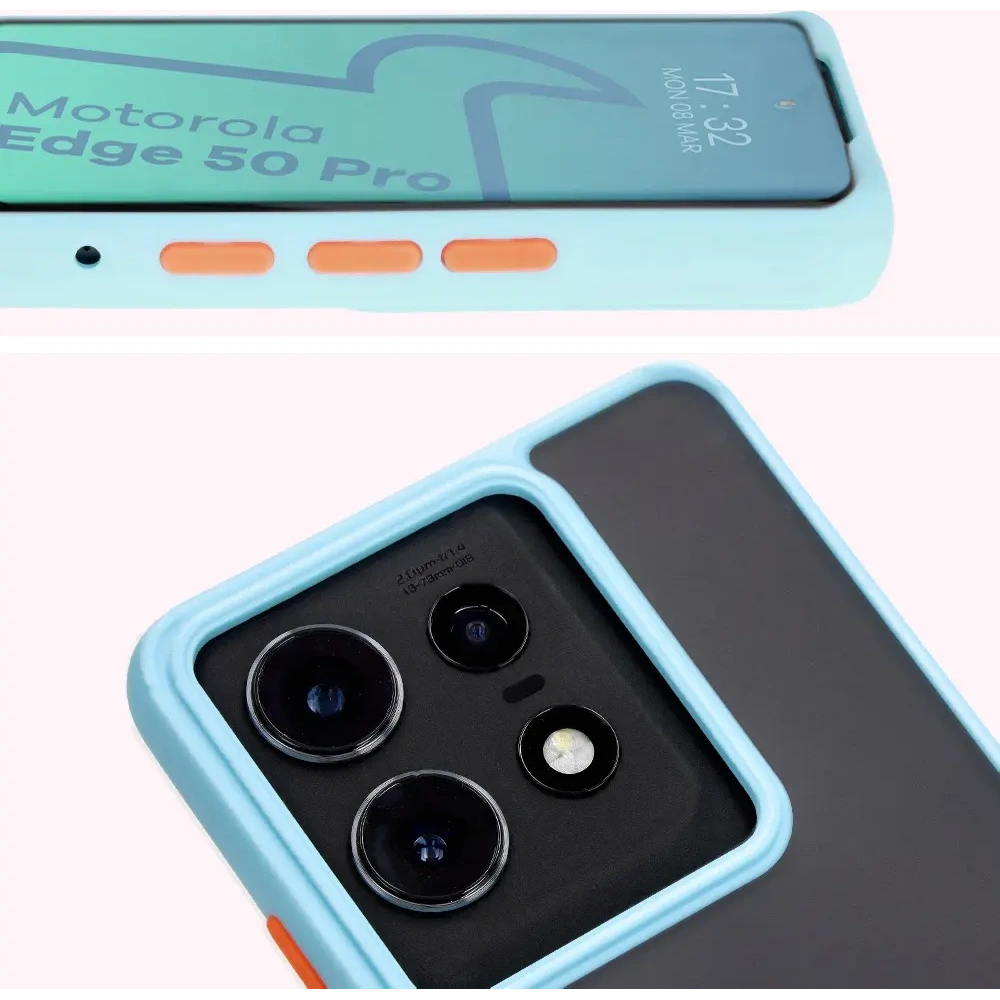 Etui z uchwytem na palec Bizon Case Hybrid Ring do Motorola Edge 50 Pro przydymione z jasnoniebieską ramką