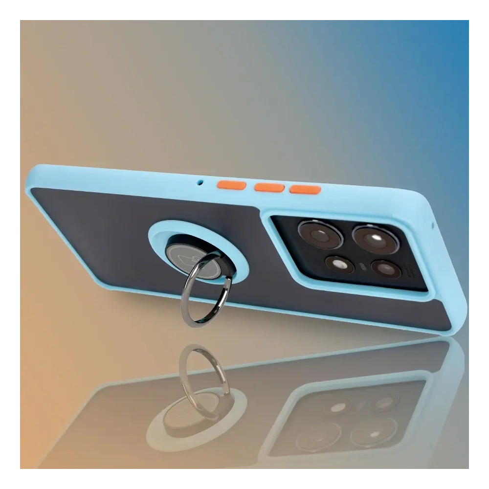Etui z uchwytem na palec Bizon Case Hybrid Ring do Motorola Edge 50 Pro przydymione z jasnoniebieską ramką