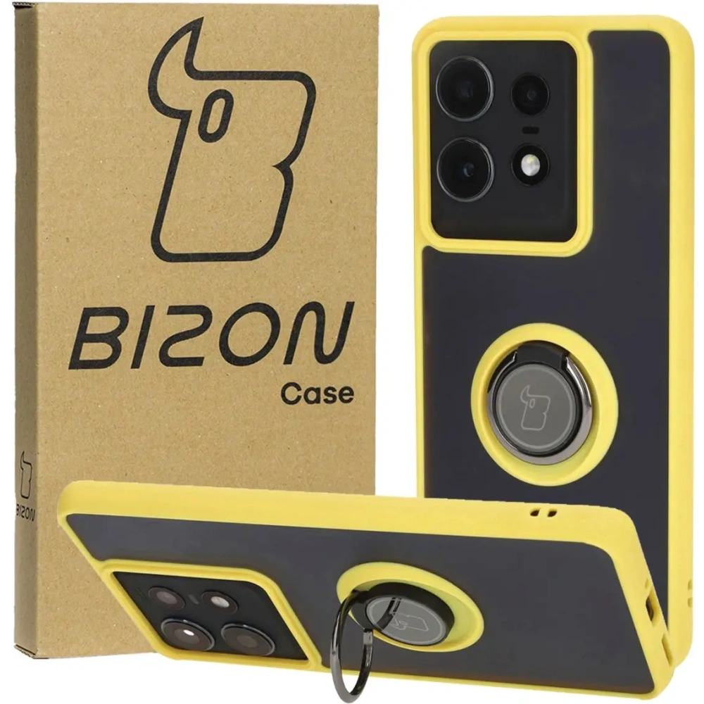 Etui z uchwytem na palec Bizon Case Hybrid Ring do Motorola Edge 50 Pro przydymione z żółtą ramką