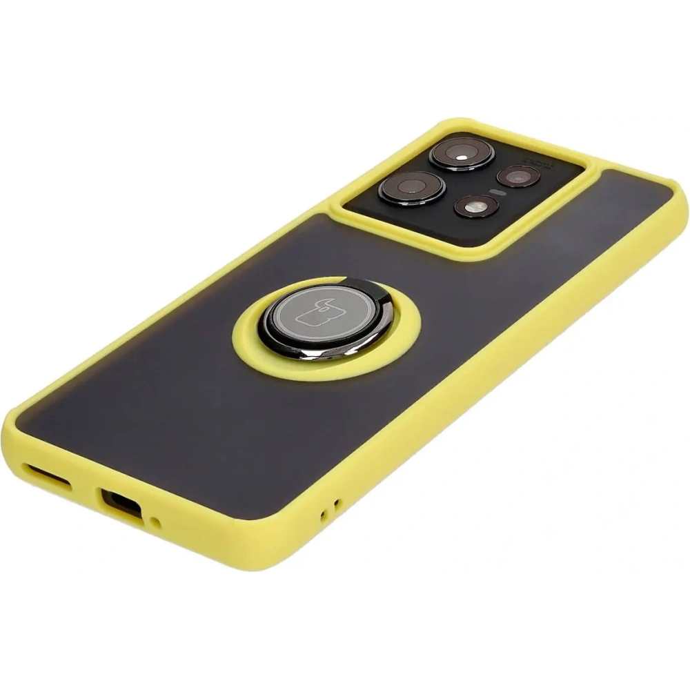 Etui z uchwytem na palec Bizon Case Hybrid Ring do Motorola Edge 50 Pro przydymione z żółtą ramką