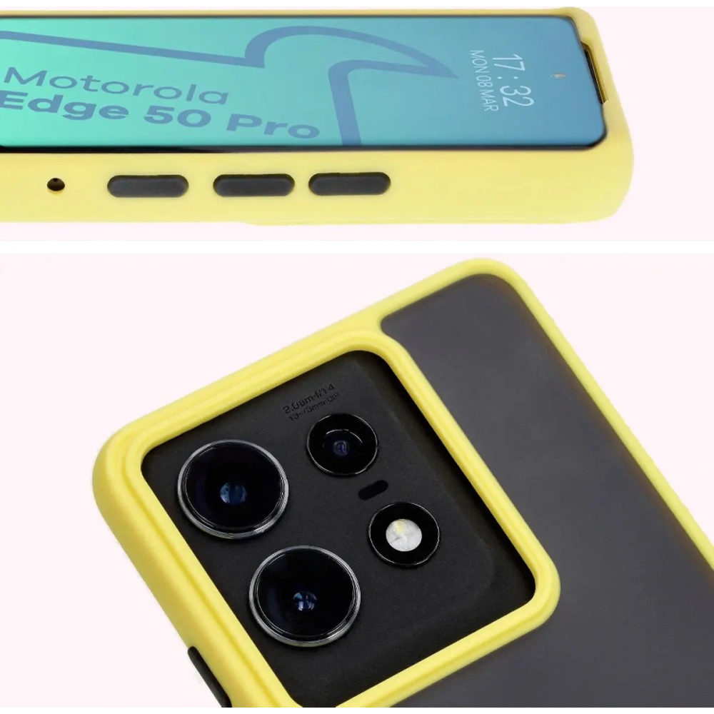 Etui z uchwytem na palec Bizon Case Hybrid Ring do Motorola Edge 50 Pro przydymione z żółtą ramką