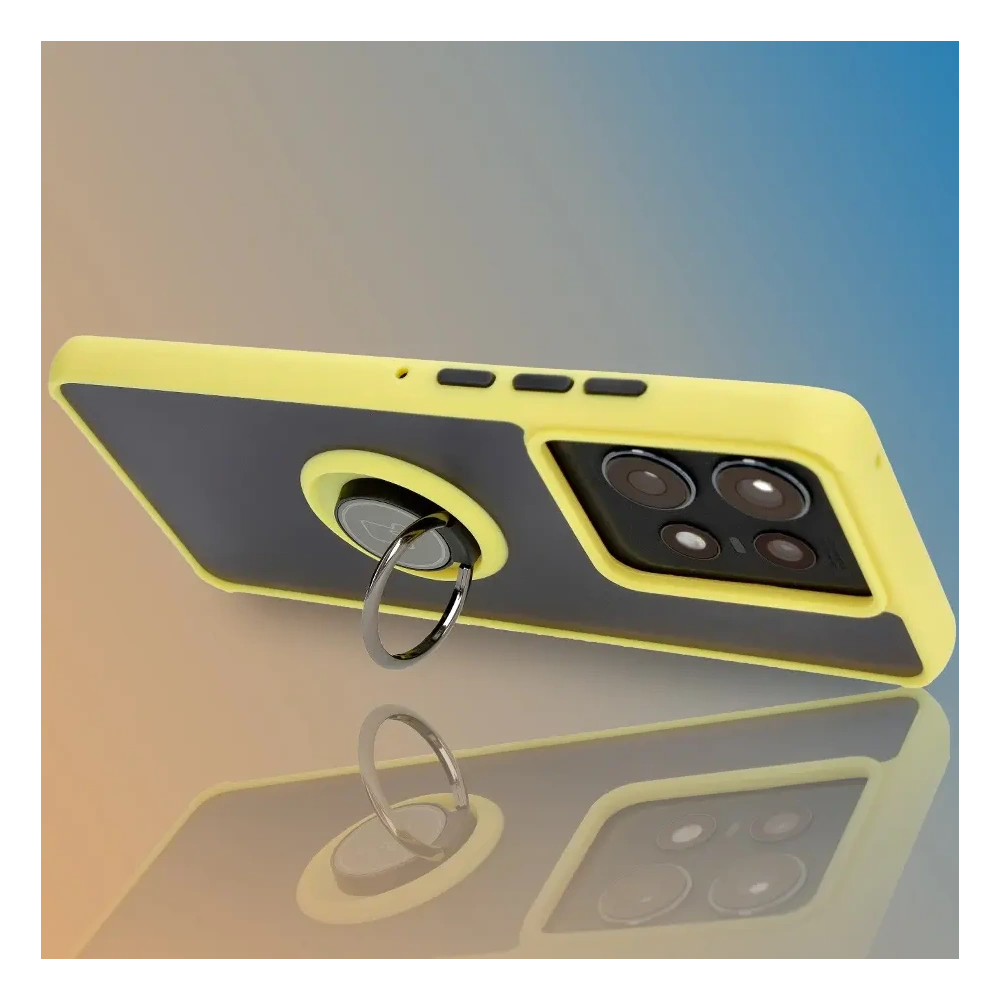 Etui z uchwytem na palec Bizon Case Hybrid Ring do Motorola Edge 50 Pro przydymione z żółtą ramką