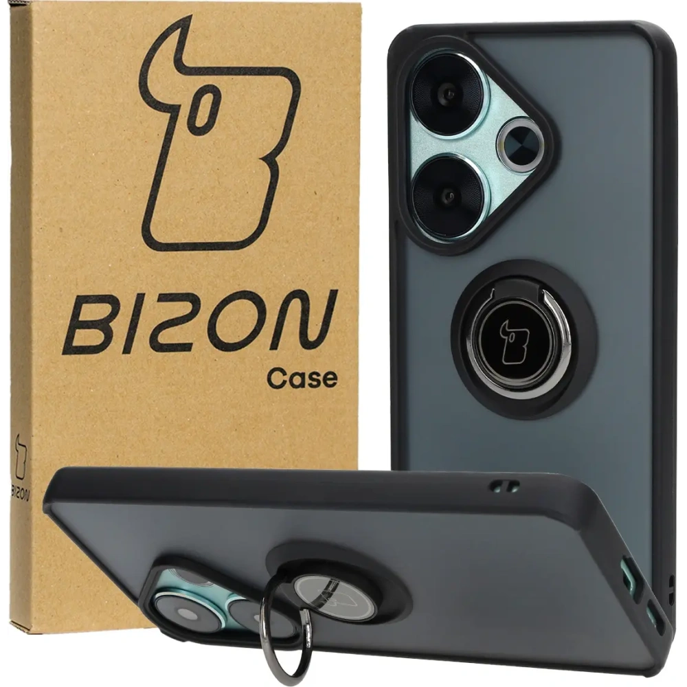 Etui z uchwytem na palec Bizon Case Hybrid Ring do Xiaomi Poco F6 przydymione z czarną ramką