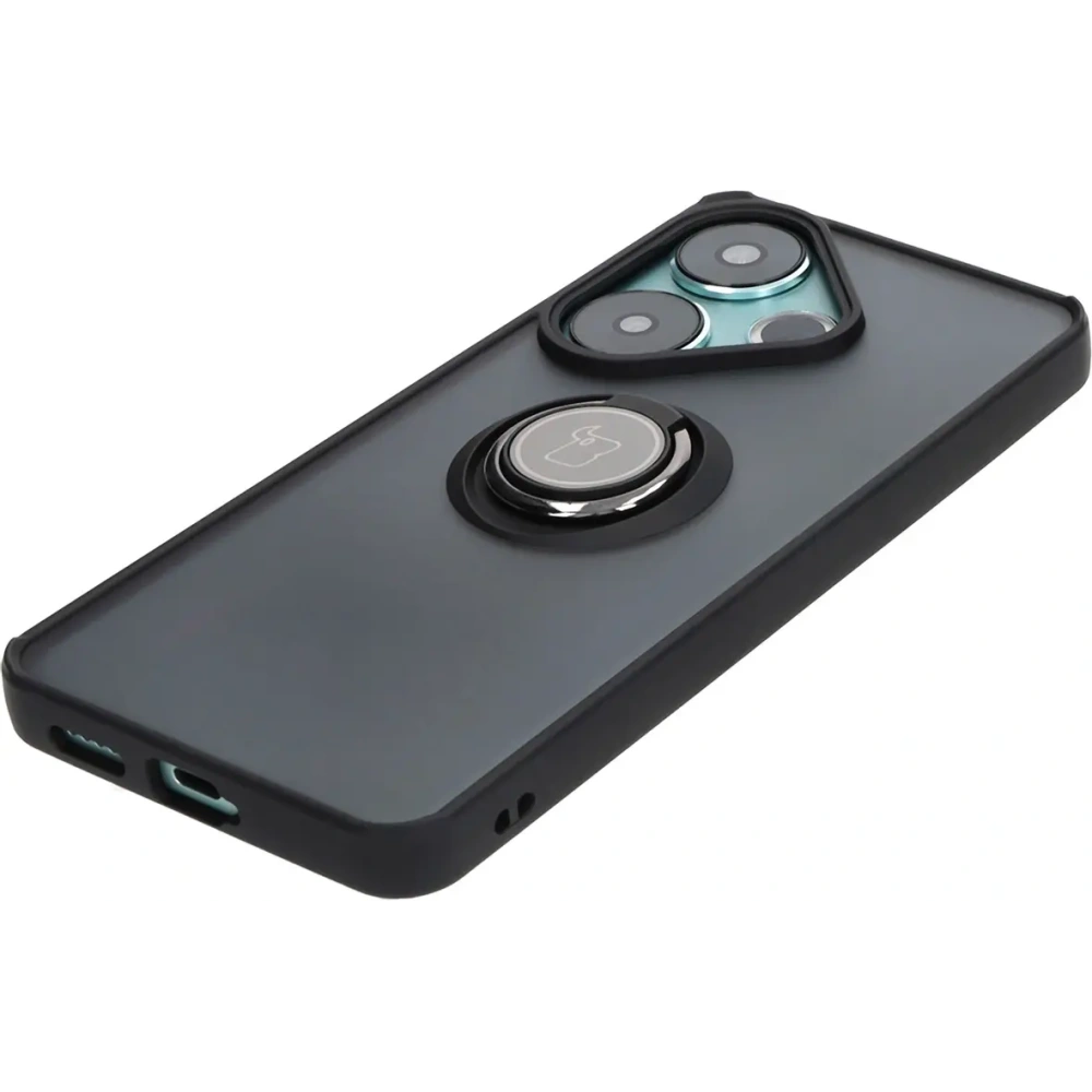 Etui z uchwytem na palec Bizon Case Hybrid Ring do Xiaomi Poco F6 przydymione z czarną ramką