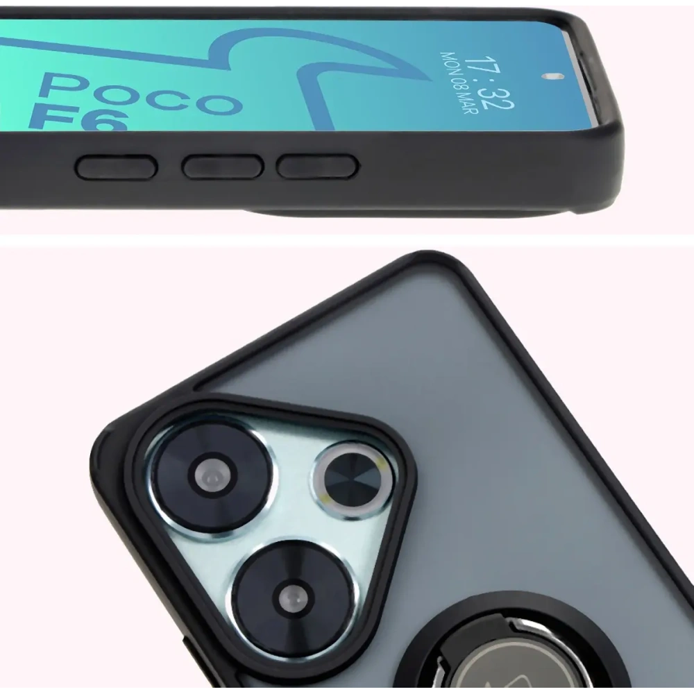 Etui z uchwytem na palec Bizon Case Hybrid Ring do Xiaomi Poco F6 przydymione z czarną ramką