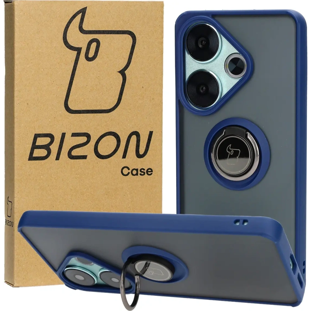 Etui z uchwytem na palec Bizon Case Hybrid Ring do Xiaomi Poco F6 przydymione z granatową ramką