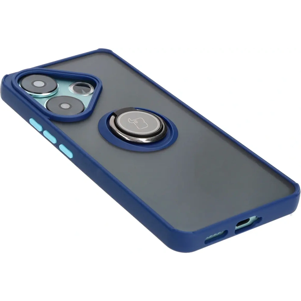 Etui z uchwytem na palec Bizon Case Hybrid Ring do Xiaomi Poco F6 przydymione z granatową ramką