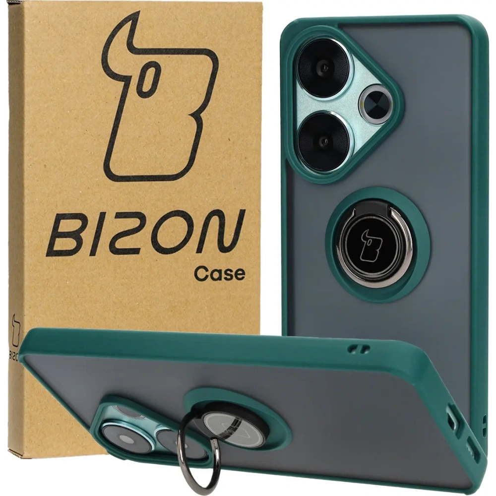 Etui z uchwytem na palec Bizon Case Hybrid Ring do Xiaomi Poco F6 przydymione z ciemnozieloną ramką