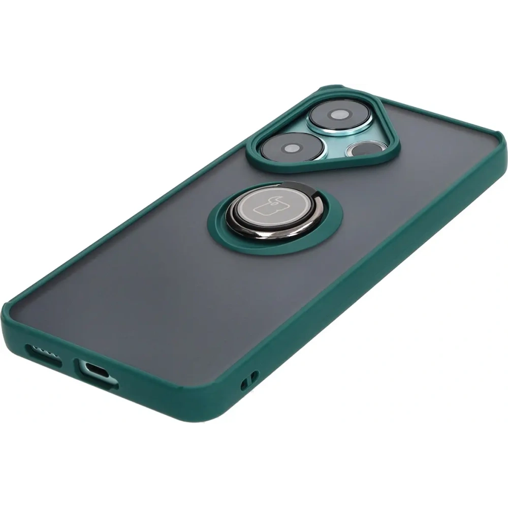 Etui z uchwytem na palec Bizon Case Hybrid Ring do Xiaomi Poco F6 przydymione z ciemnozieloną ramką
