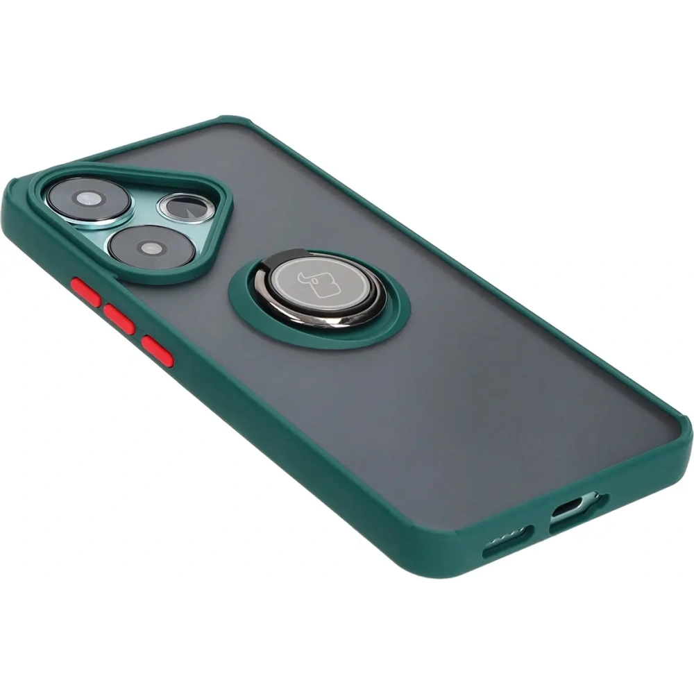 Etui z uchwytem na palec Bizon Case Hybrid Ring do Xiaomi Poco F6 przydymione z ciemnozieloną ramką