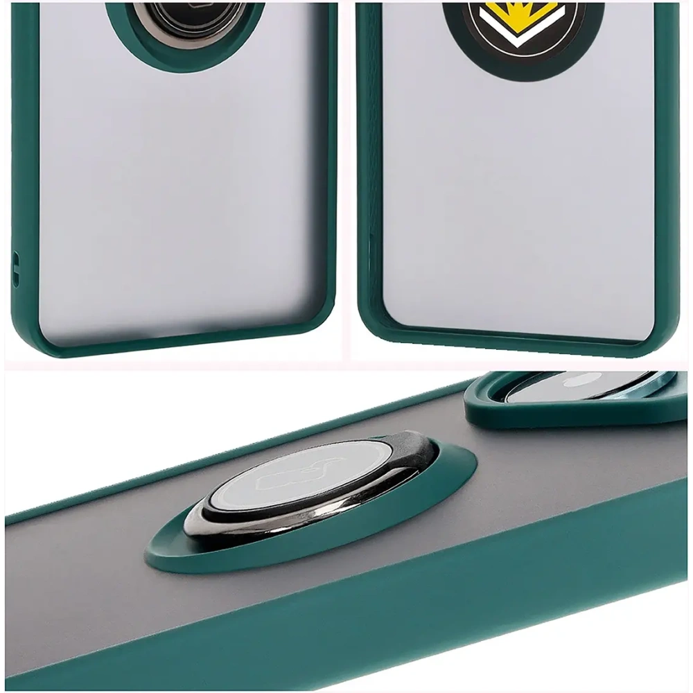 Etui z uchwytem na palec Bizon Case Hybrid Ring do Xiaomi Poco F6 przydymione z ciemnozieloną ramką