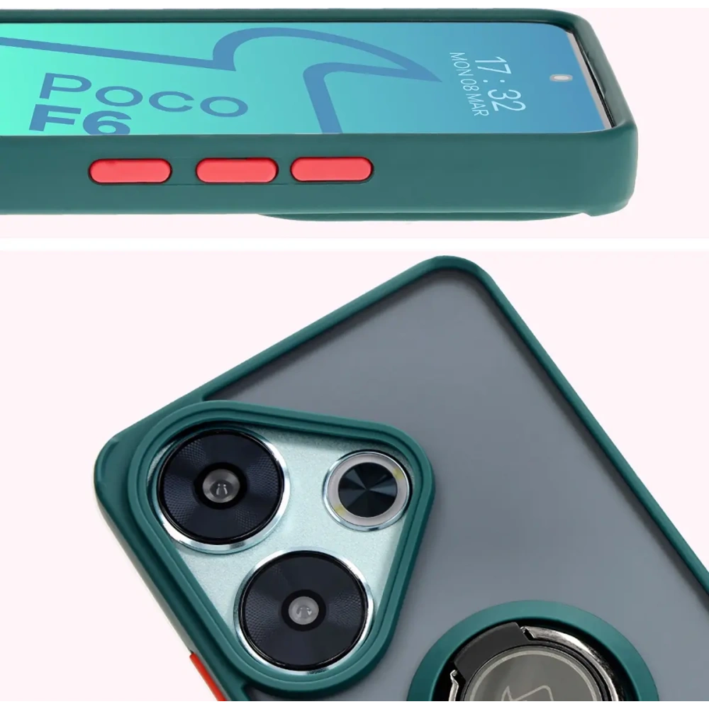 Etui z uchwytem na palec Bizon Case Hybrid Ring do Xiaomi Poco F6 przydymione z ciemnozieloną ramką