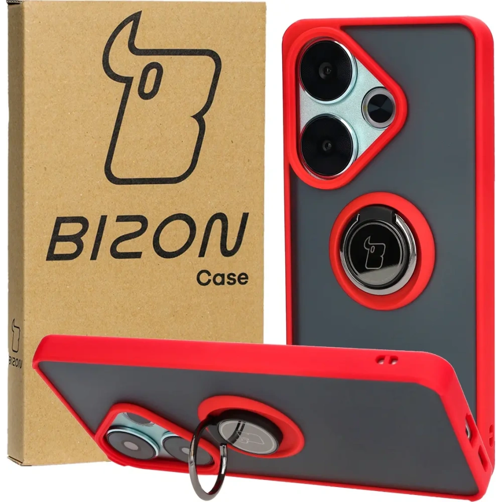 Etui z uchwytem na palec Bizon Case Hybrid Ring do Xiaomi Poco F6 przydymione z czerwoną ramką