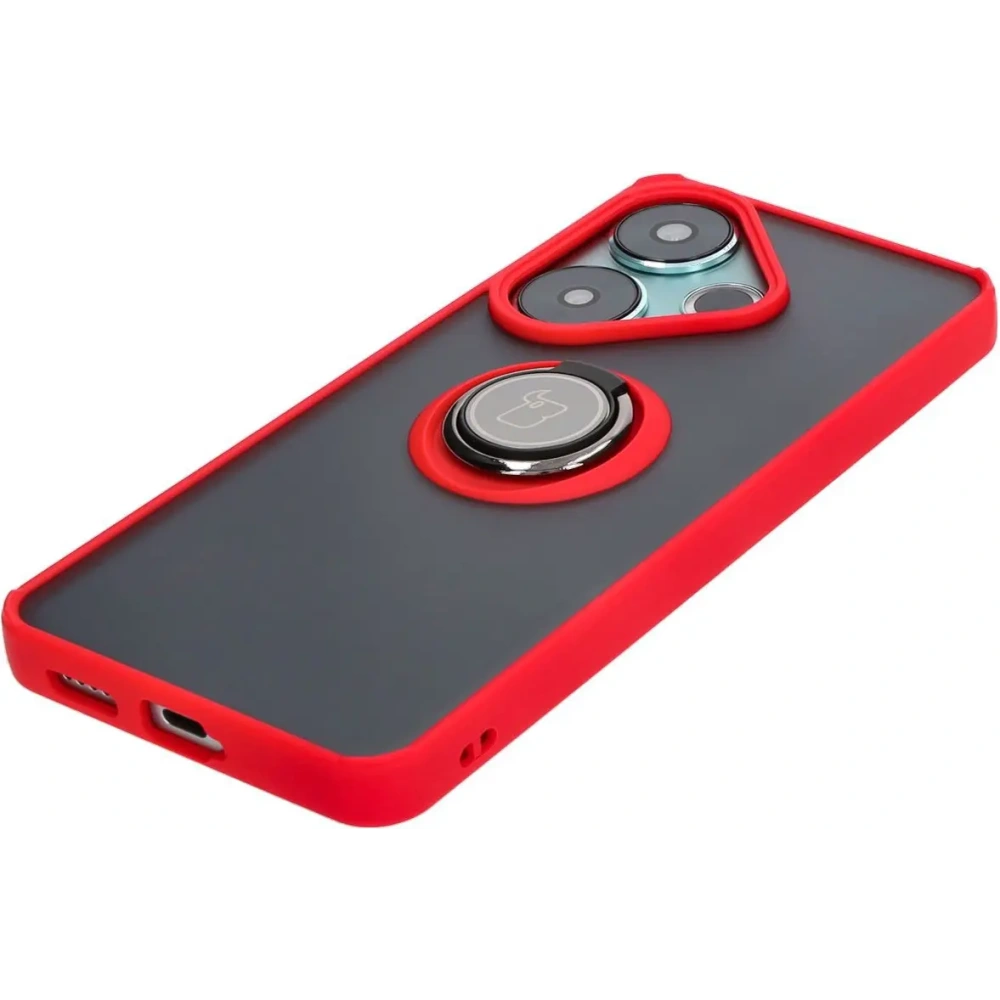 Etui z uchwytem na palec Bizon Case Hybrid Ring do Xiaomi Poco F6 przydymione z czerwoną ramką