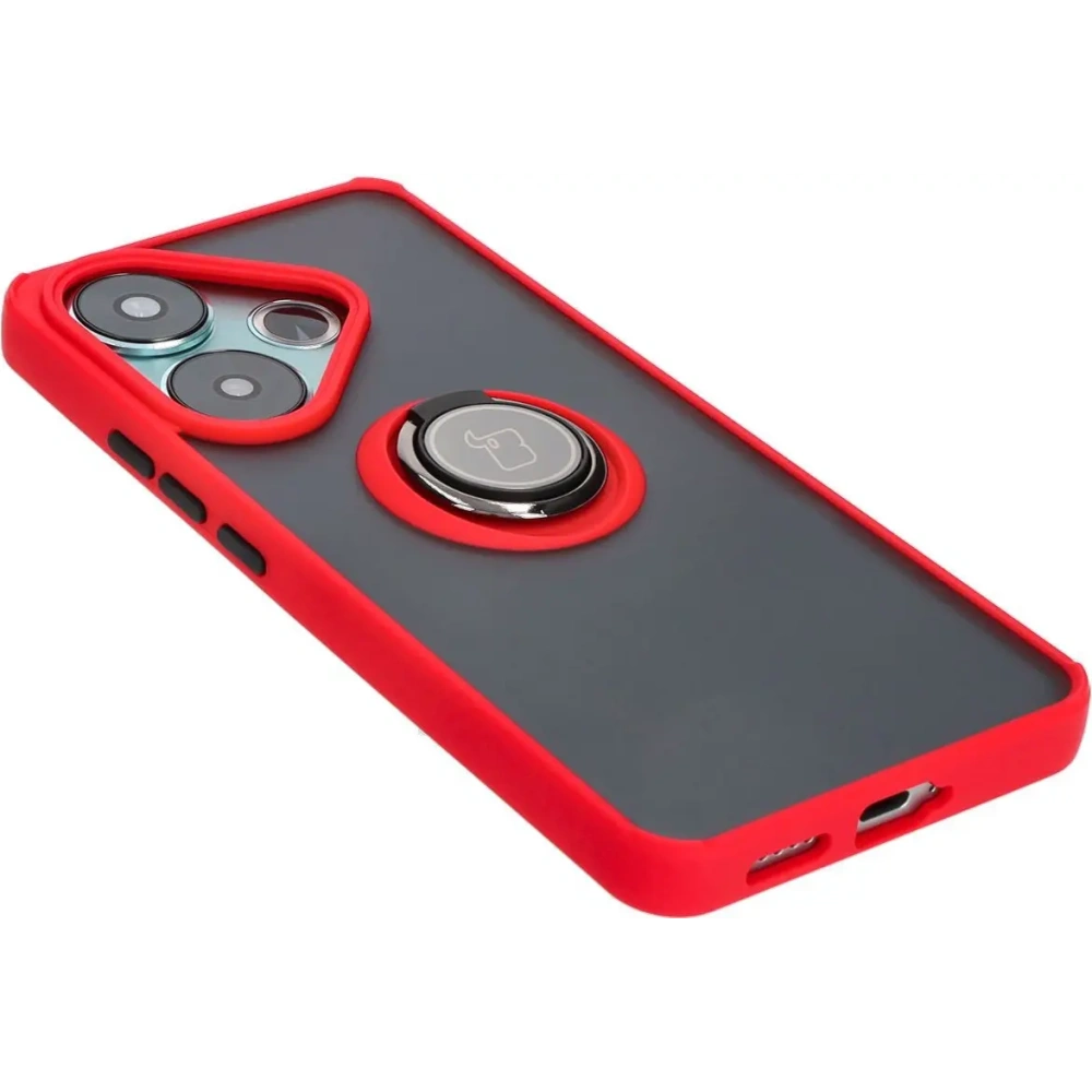 Etui z uchwytem na palec Bizon Case Hybrid Ring do Xiaomi Poco F6 przydymione z czerwoną ramką