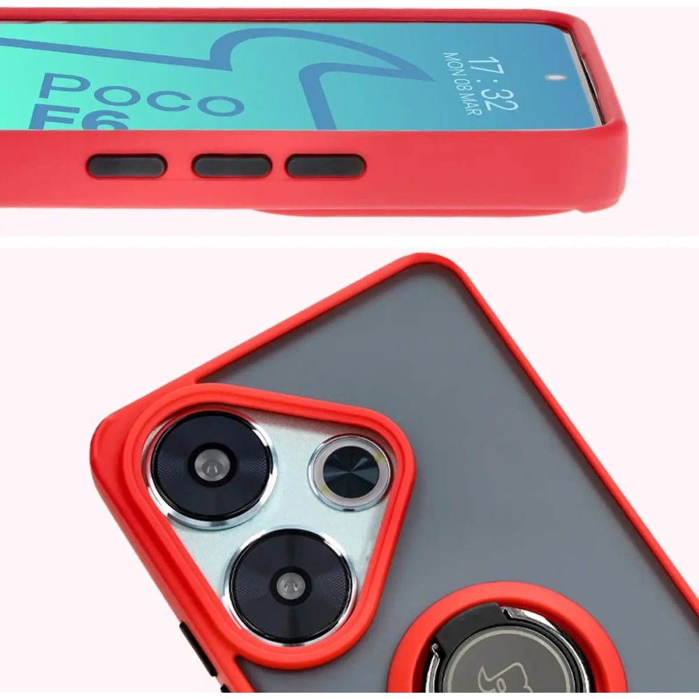 Etui z uchwytem na palec Bizon Case Hybrid Ring do Xiaomi Poco F6 przydymione z czerwoną ramką