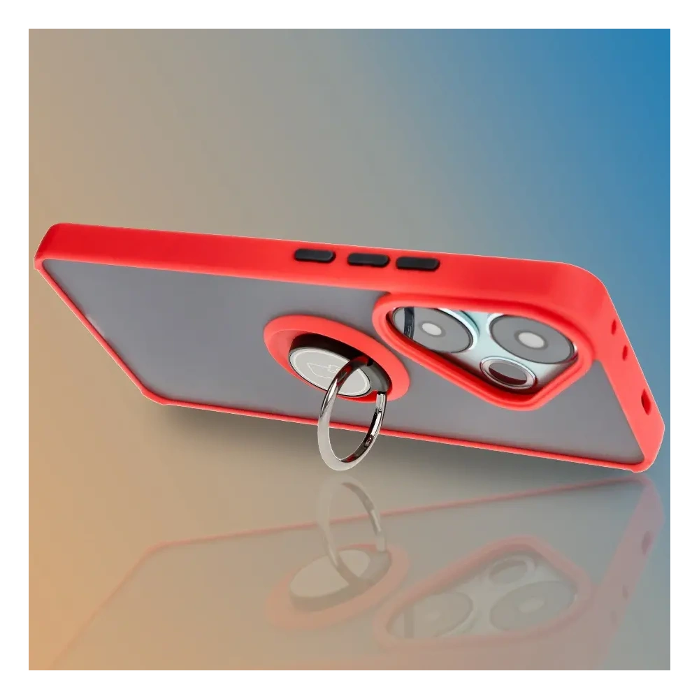 Etui z uchwytem na palec Bizon Case Hybrid Ring do Xiaomi Poco F6 przydymione z czerwoną ramką