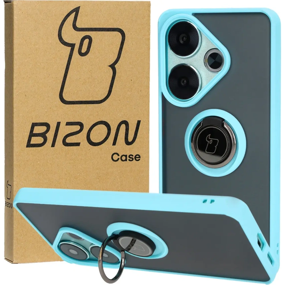 Etui z uchwytem na palec Bizon Case Hybrid Ring do Xiaomi Poco F6 przydymione z jasnoniebieską ramką