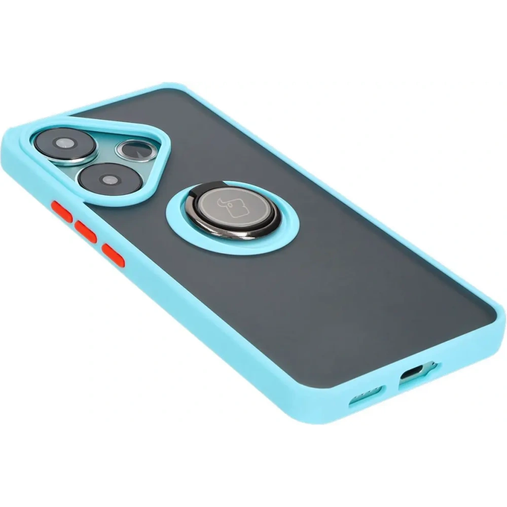 Etui z uchwytem na palec Bizon Case Hybrid Ring do Xiaomi Poco F6 przydymione z jasnoniebieską ramką