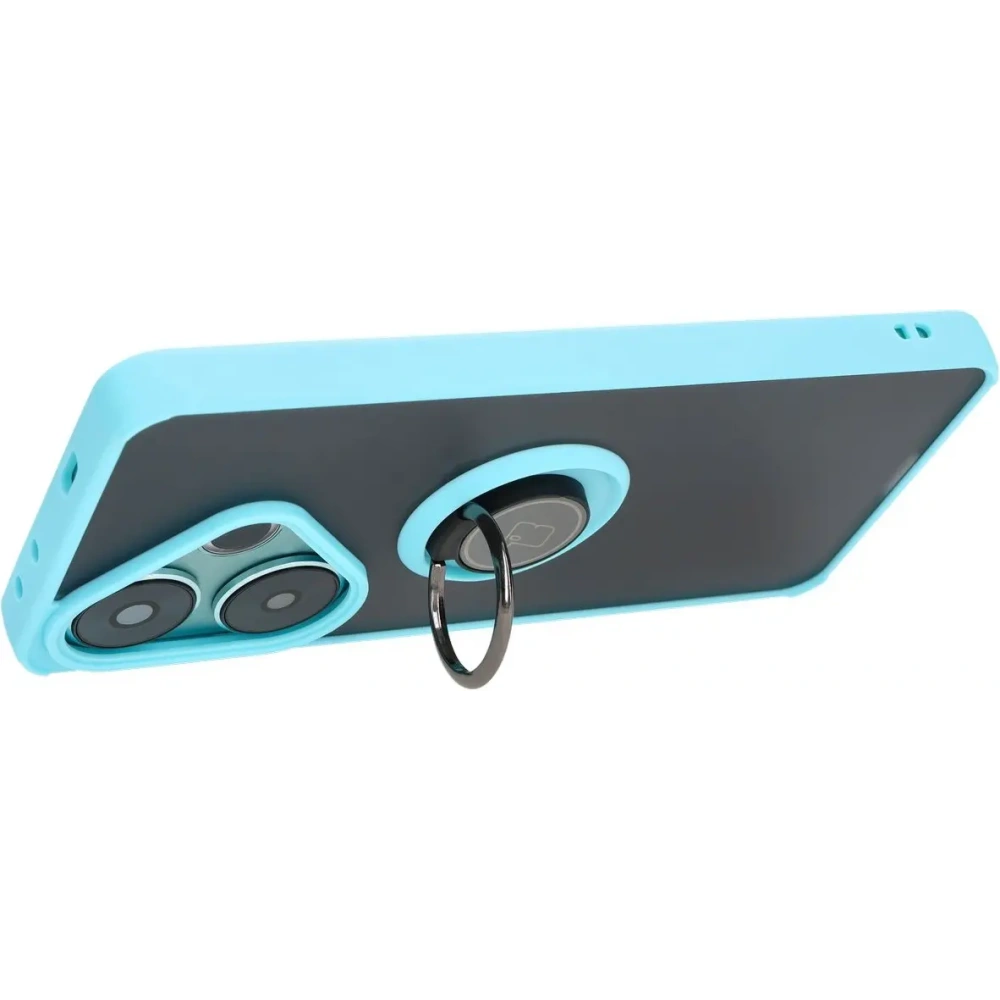 Etui z uchwytem na palec Bizon Case Hybrid Ring do Xiaomi Poco F6 przydymione z jasnoniebieską ramką