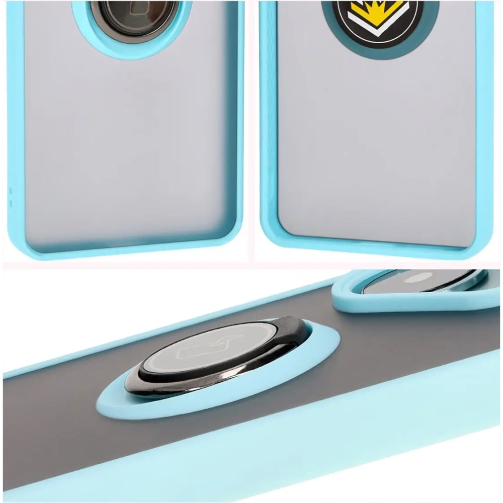Etui z uchwytem na palec Bizon Case Hybrid Ring do Xiaomi Poco F6 przydymione z jasnoniebieską ramką