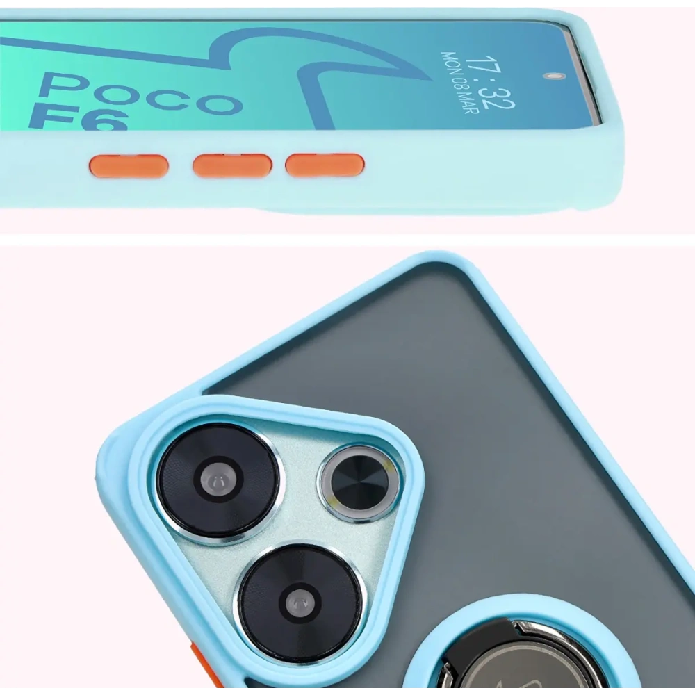 Etui z uchwytem na palec Bizon Case Hybrid Ring do Xiaomi Poco F6 przydymione z jasnoniebieską ramką