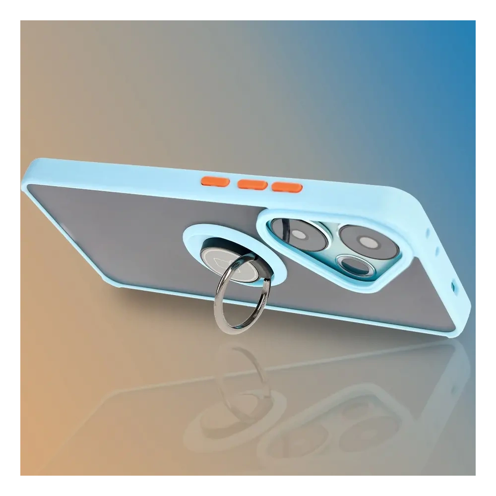 Etui z uchwytem na palec Bizon Case Hybrid Ring do Xiaomi Poco F6 przydymione z jasnoniebieską ramką