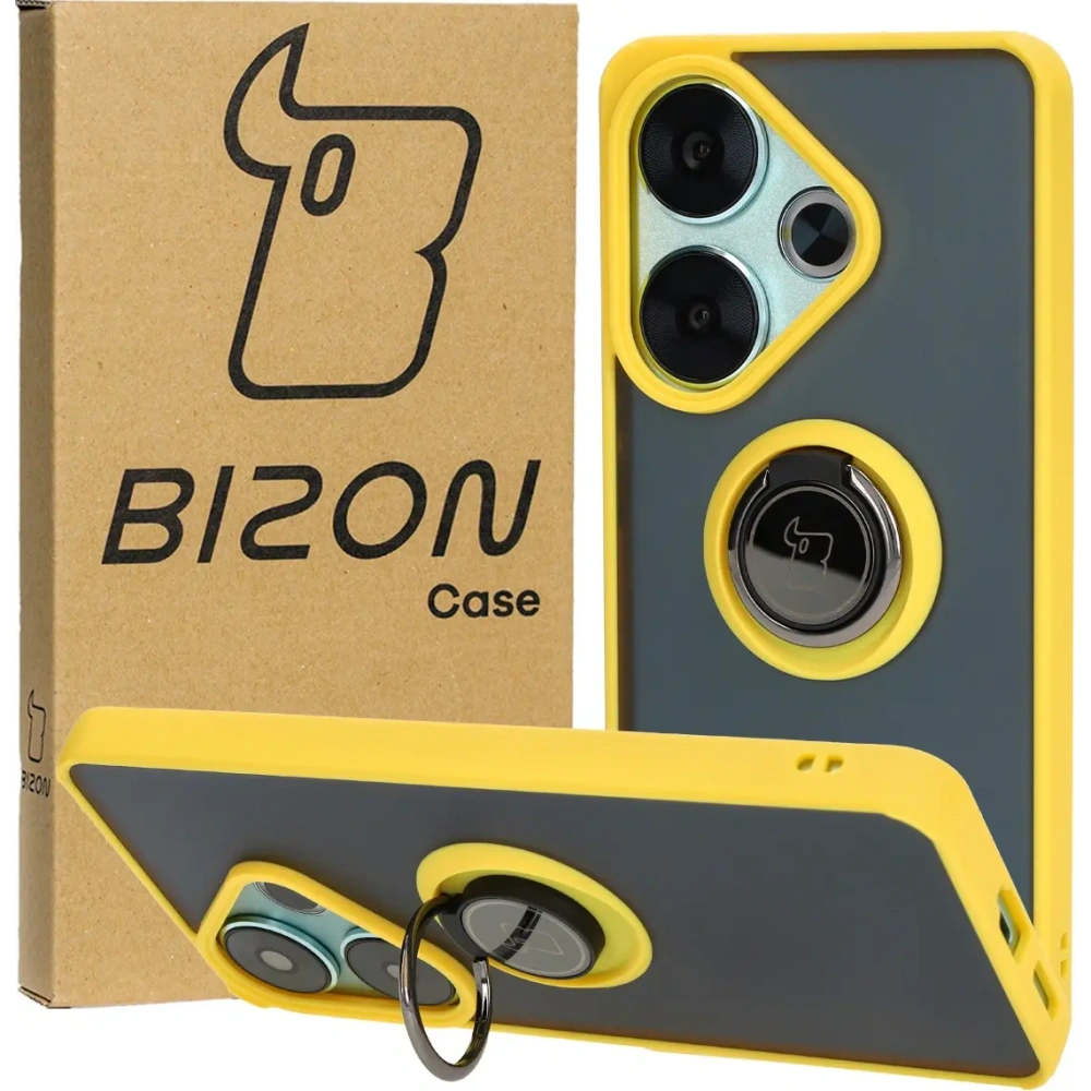 Etui z uchwytem na palec Bizon Case Hybrid Ring do Xiaomi Poco F6 przydymione z żółtą ramką