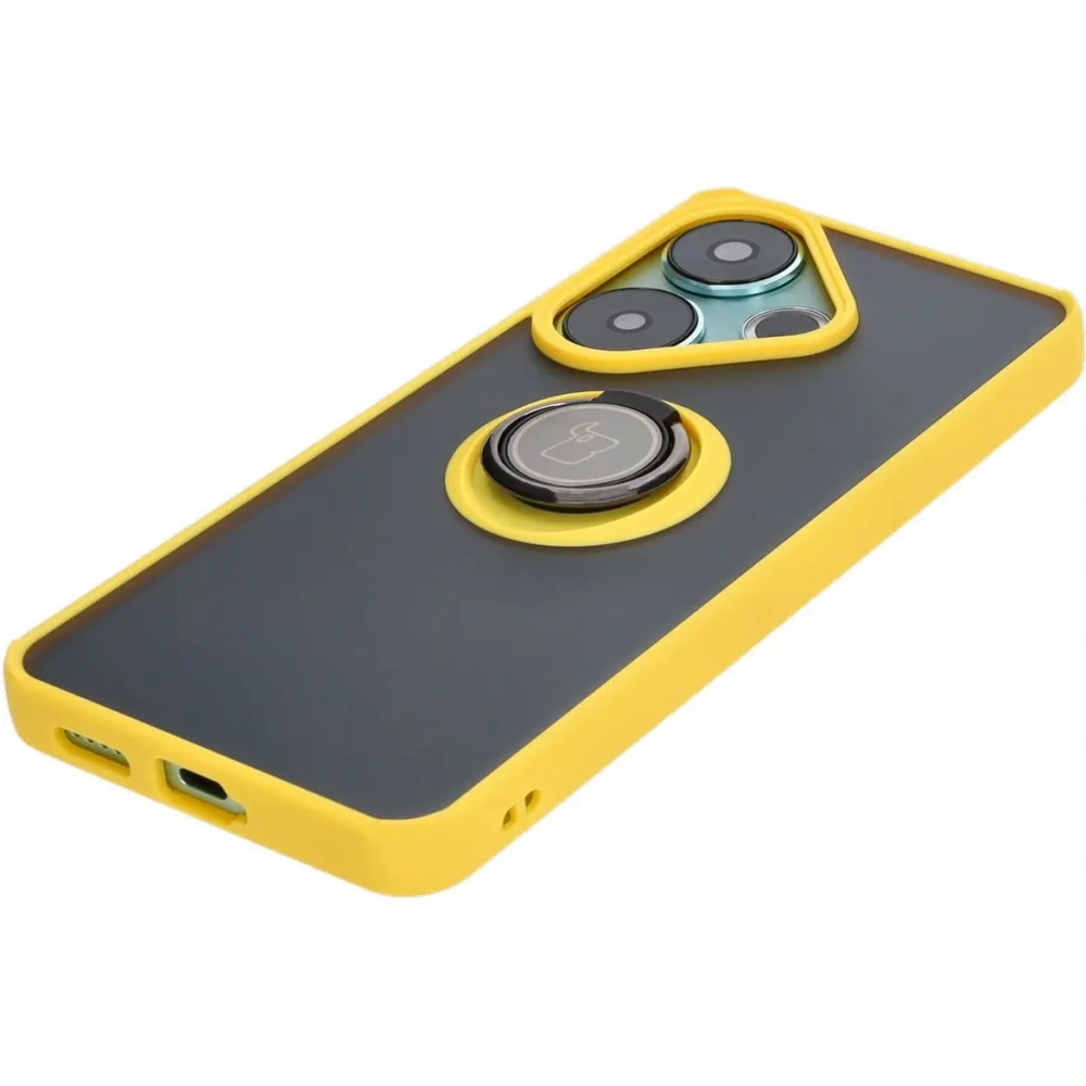 Etui z uchwytem na palec Bizon Case Hybrid Ring do Xiaomi Poco F6 przydymione z żółtą ramką