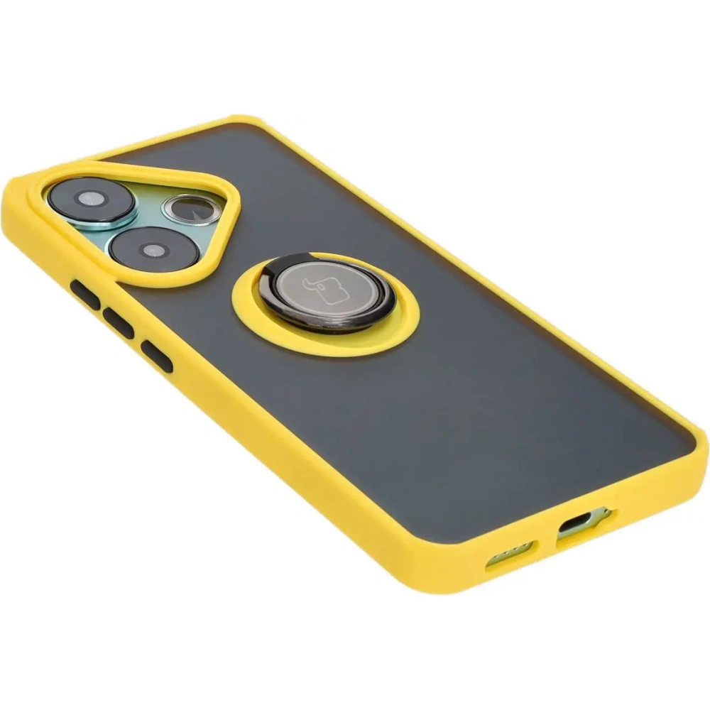 Etui z uchwytem na palec Bizon Case Hybrid Ring do Xiaomi Poco F6 przydymione z żółtą ramką