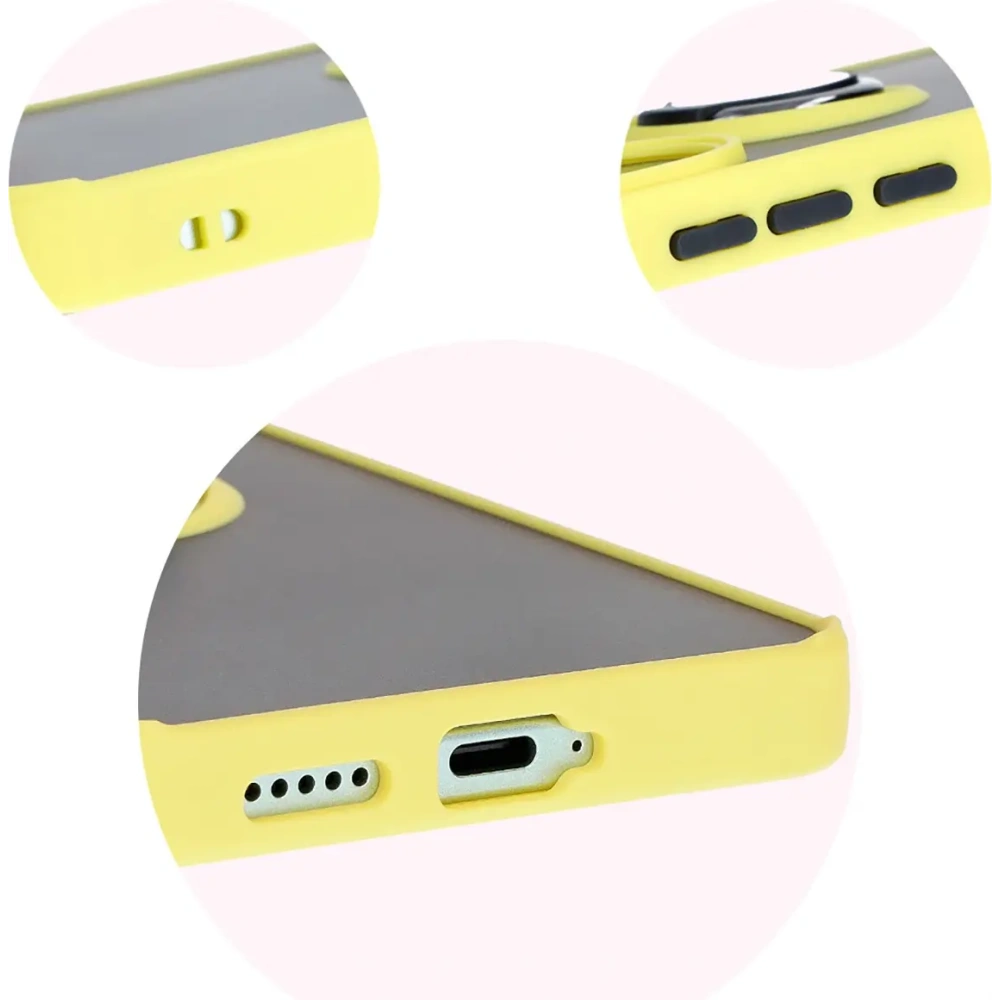 Etui z uchwytem na palec Bizon Case Hybrid Ring do Xiaomi Poco F6 przydymione z żółtą ramką
