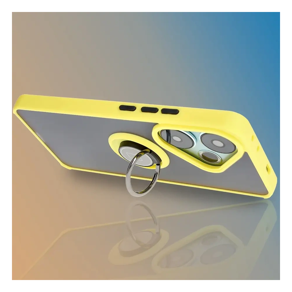 Etui z uchwytem na palec Bizon Case Hybrid Ring do Xiaomi Poco F6 przydymione z żółtą ramką