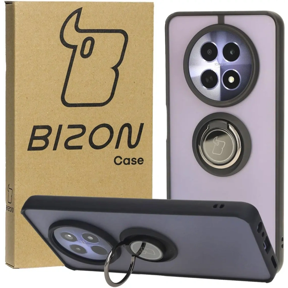 Etui z uchwytem na palec Bizon Case Hybrid Ring do Realme 12 / 12x przydymione z czarną ramką