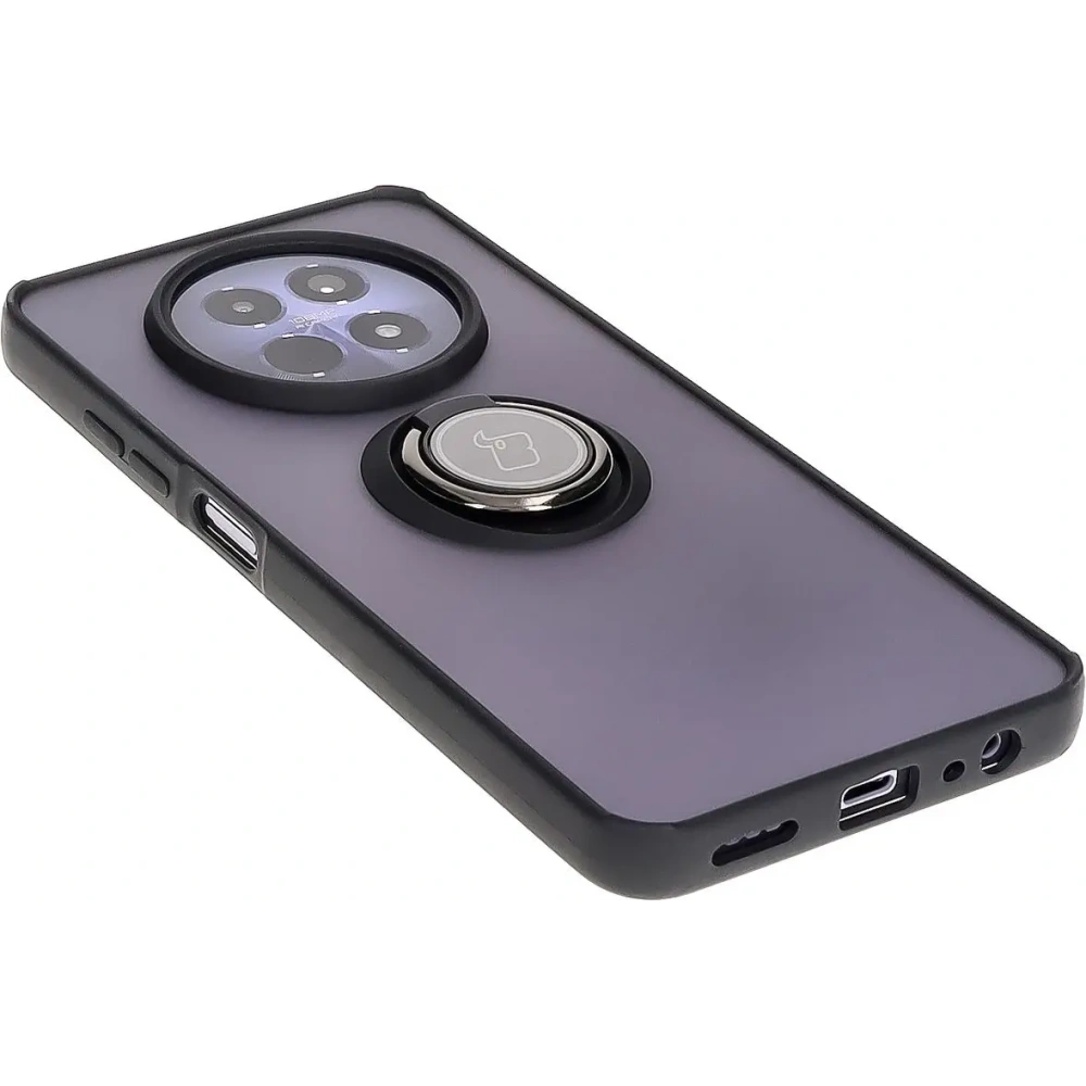 Etui z uchwytem na palec Bizon Case Hybrid Ring do Realme 12 / 12x przydymione z czarną ramką