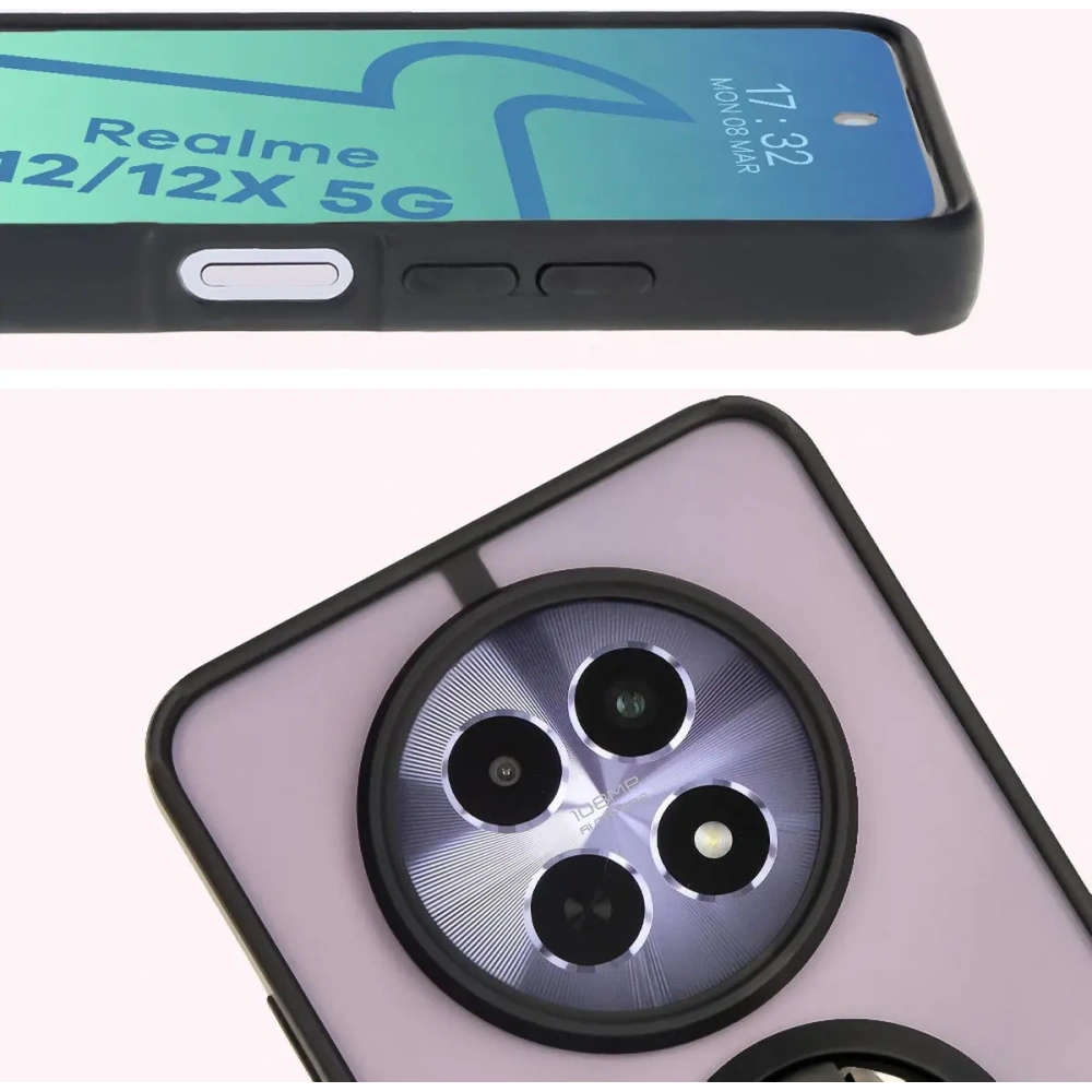 Etui z uchwytem na palec Bizon Case Hybrid Ring do Realme 12 / 12x przydymione z czarną ramką