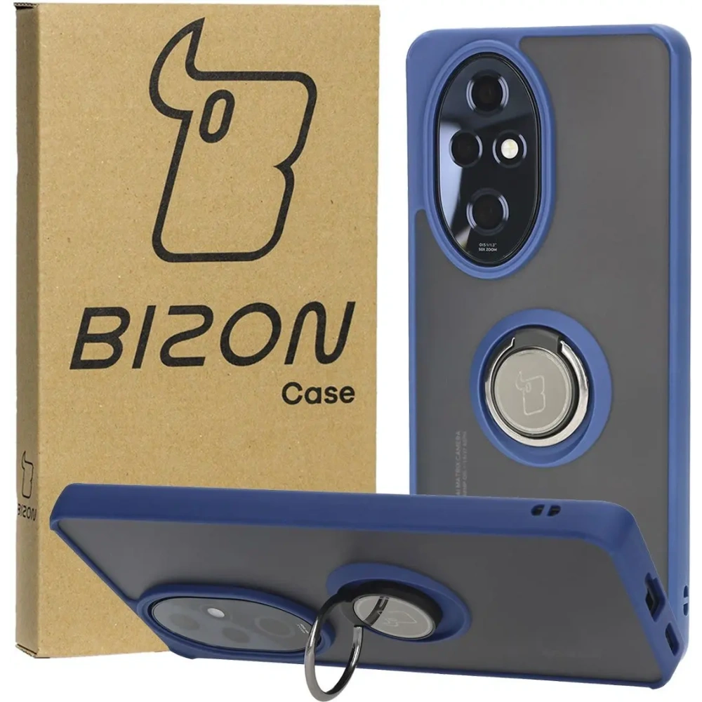 Etui z uchwytem na palec Bizon Case Hybrid Ring do Honor 200 Pro przydymione z granatową ramką