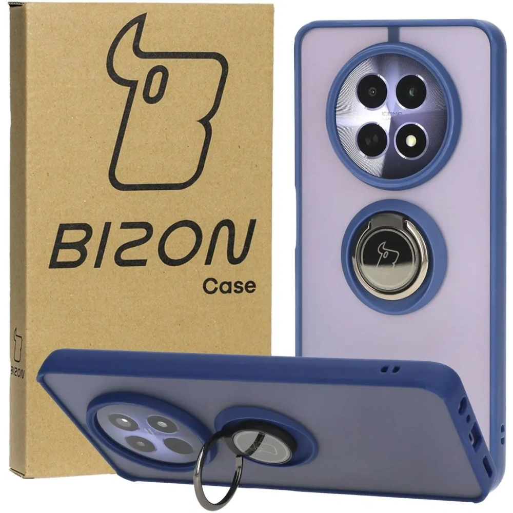 Etui z uchwytem na palec Bizon Case Hybrid Ring do Realme 12 / 12x przydymione z granatową ramką