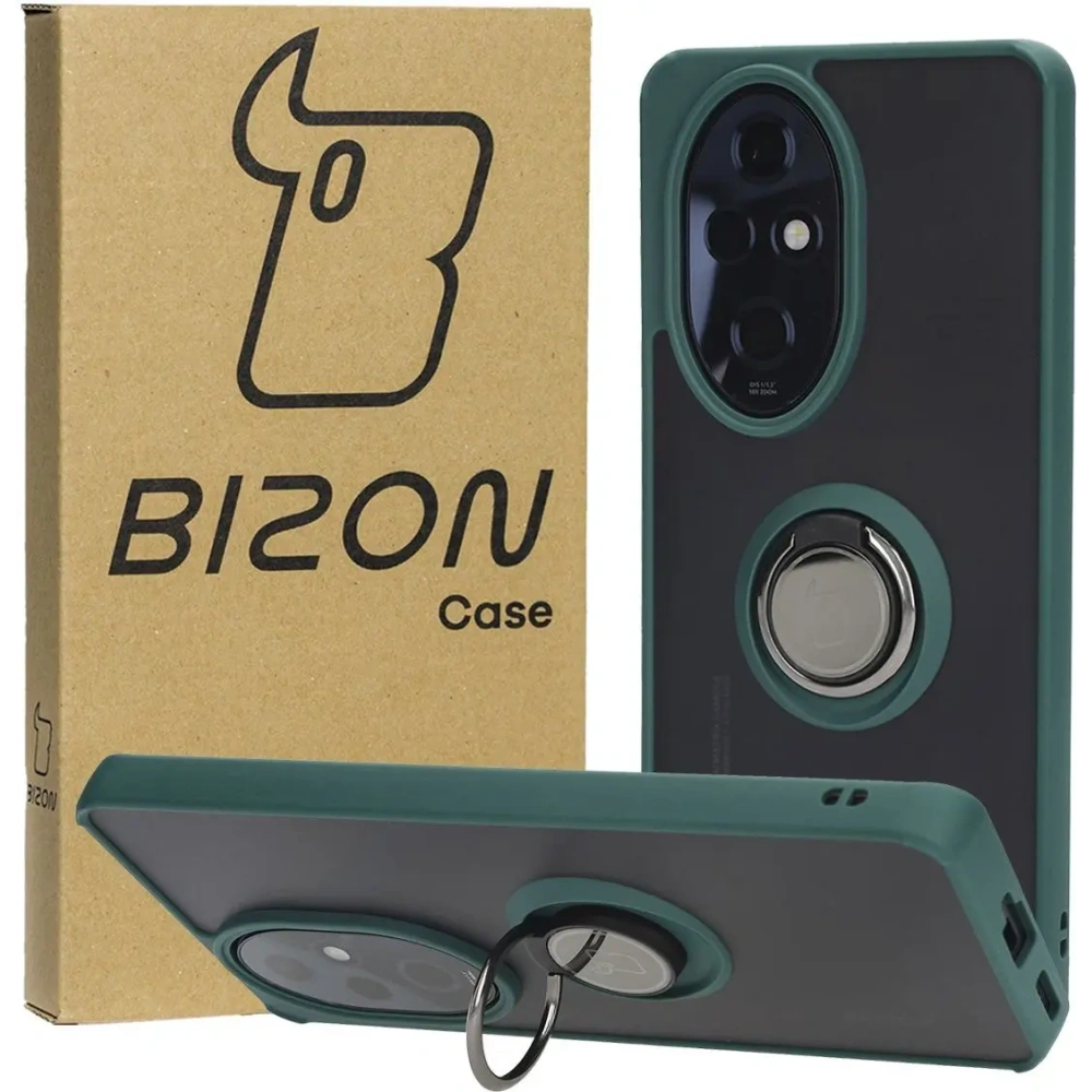 Etui z uchwytem na palec Bizon Case Hybrid Ring do Honor 200 Pro przydymione z ciemnozieloną ramką