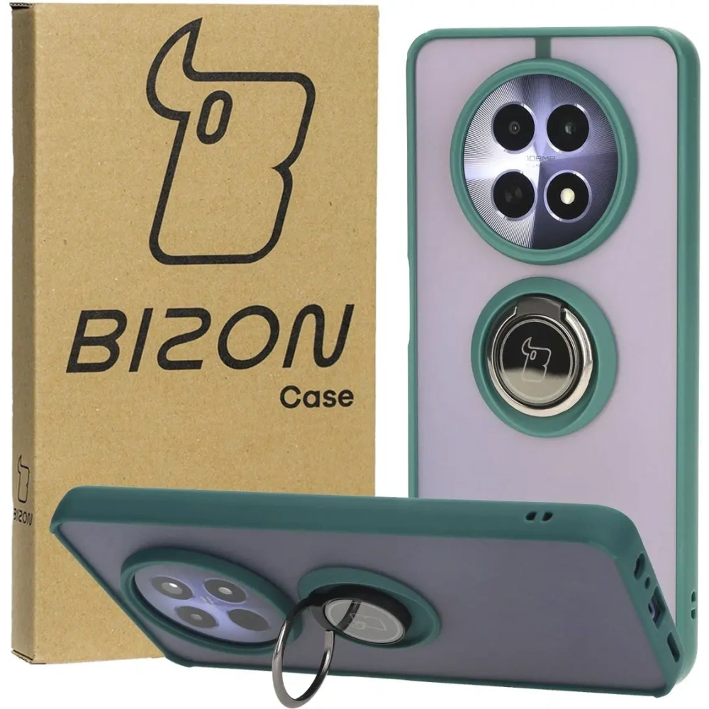Etui z uchwytem na palec Bizon Case Hybrid Ring do Realme 12 / 12x przydymione z ciemnozieloną ramką