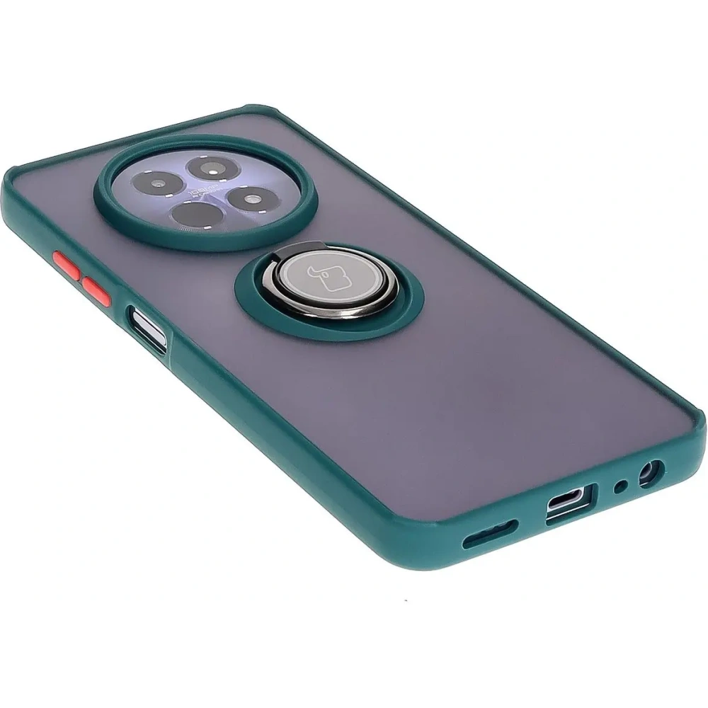 Etui z uchwytem na palec Bizon Case Hybrid Ring do Realme 12 / 12x przydymione z ciemnozieloną ramką