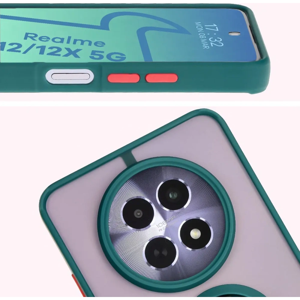 Etui z uchwytem na palec Bizon Case Hybrid Ring do Realme 12 / 12x przydymione z ciemnozieloną ramką