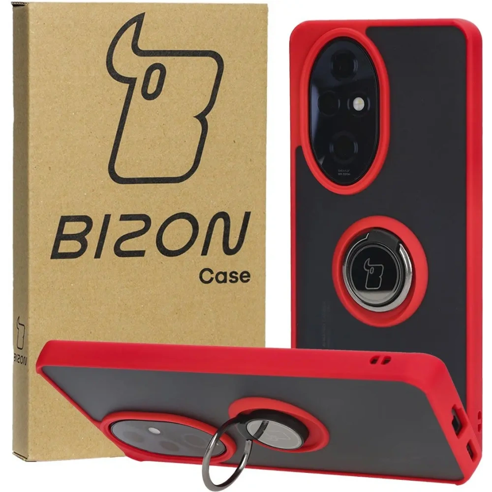 Etui z uchwytem na palec Bizon Case Hybrid Ring do Honor 200 Pro przydymione z czerwoną ramką