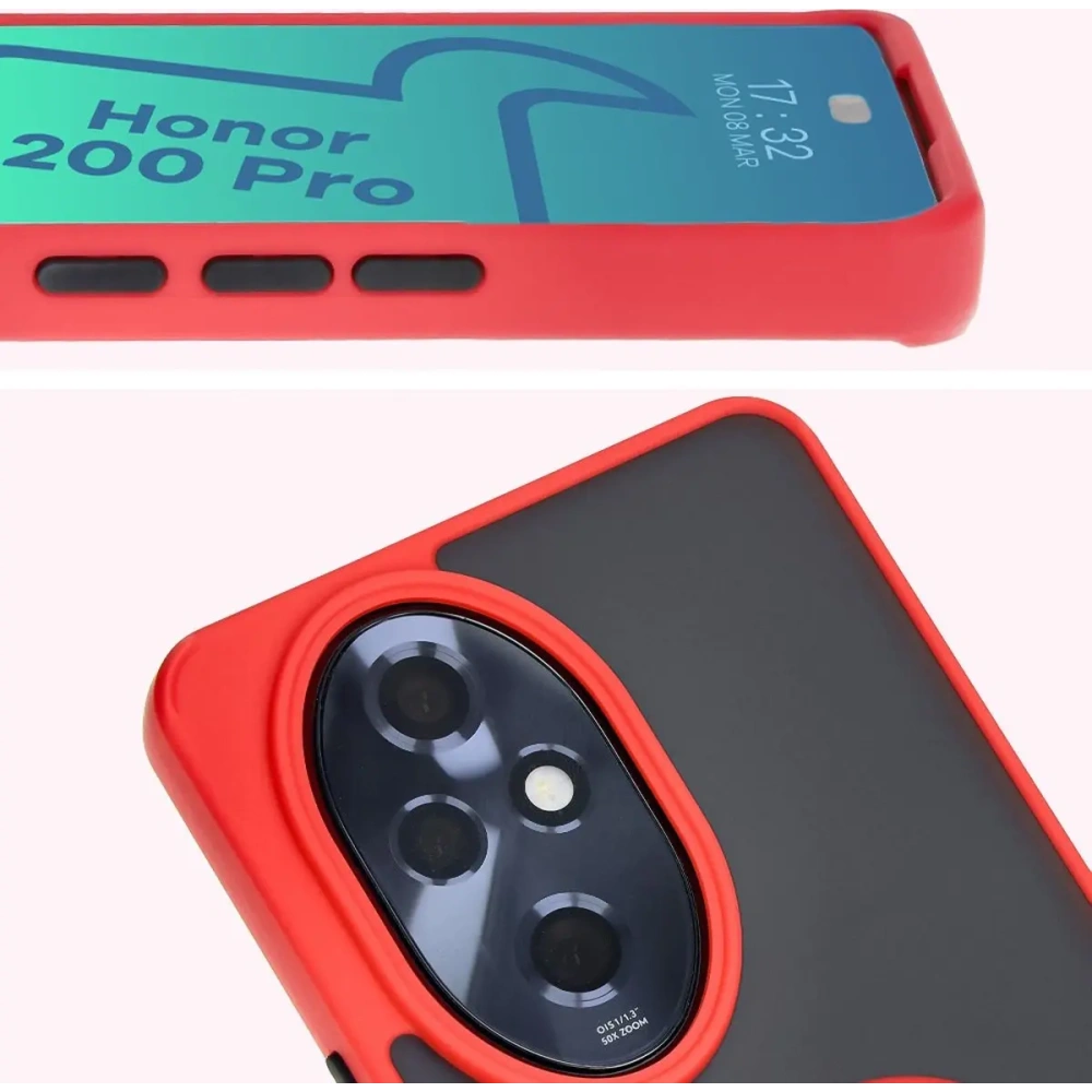 Etui z uchwytem na palec Bizon Case Hybrid Ring do Honor 200 Pro przydymione z czerwoną ramką