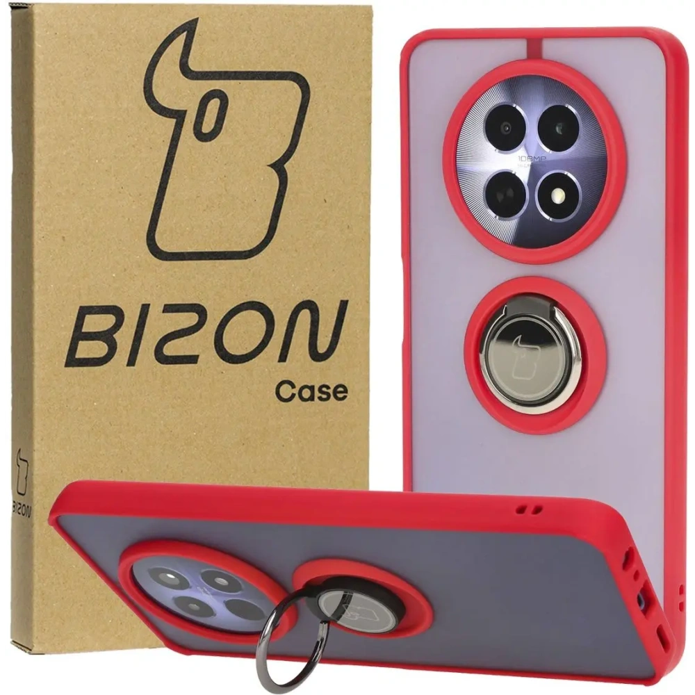 Etui z uchwytem na palec Bizon Case Hybrid Ring do Realme 12 / 12x przydymione z czerwoną ramką